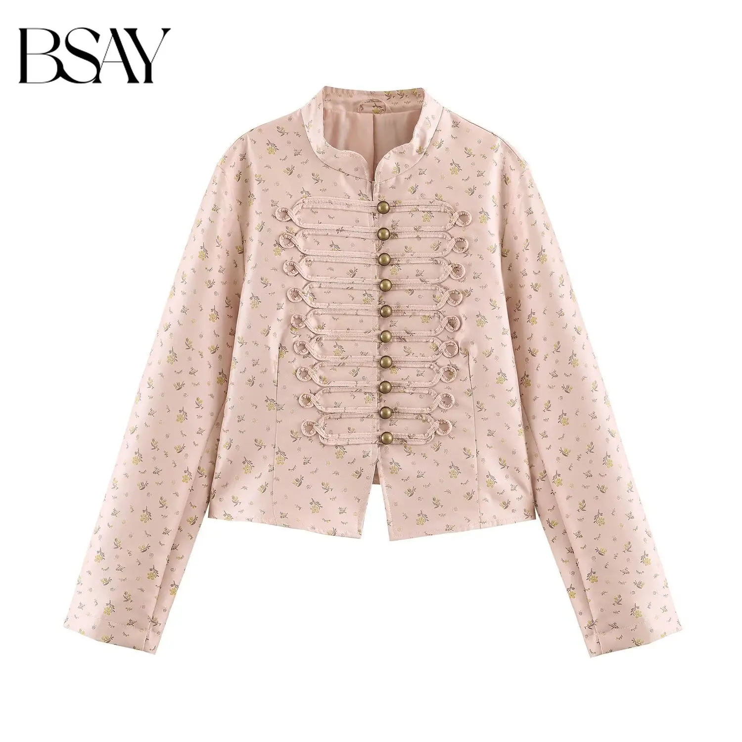 BSAY 2026 Französische Vintage Damenjacke mit Blumenmuster, Stehkragen, Militär-Dekor-Knöpfen, Schlanker Schnitt, Kurz Geschnitten, Langarm-Mantel
