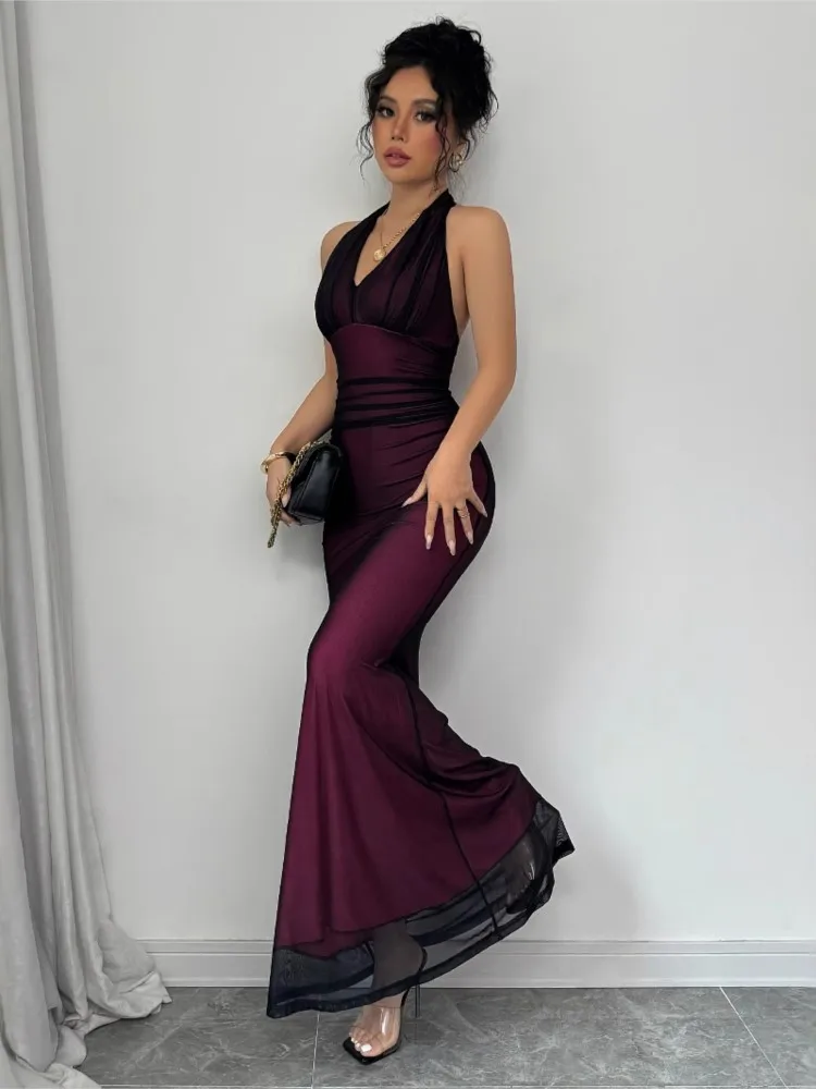 Vestido sin mangas de verano para mujer, vestido Sexy ajustado con espalda descubierta y volantes a la moda, vestido largo plisado de cintura alta para mujer