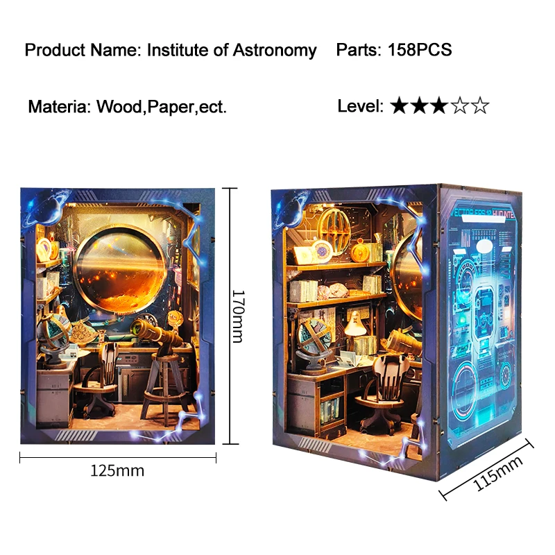 DIY Book Nook Institute of Astronomy sujetalibros Kit de modelo en miniatura de madera con luces Led estantería para amigos regalos de cumpleaños