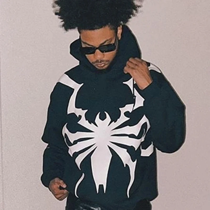 Y2K Hoodie Hip Hop Retro Full body spider print Oversized Sweatshirt Men Women Gothic Pullover 2000s punk black Hoodie Clothes