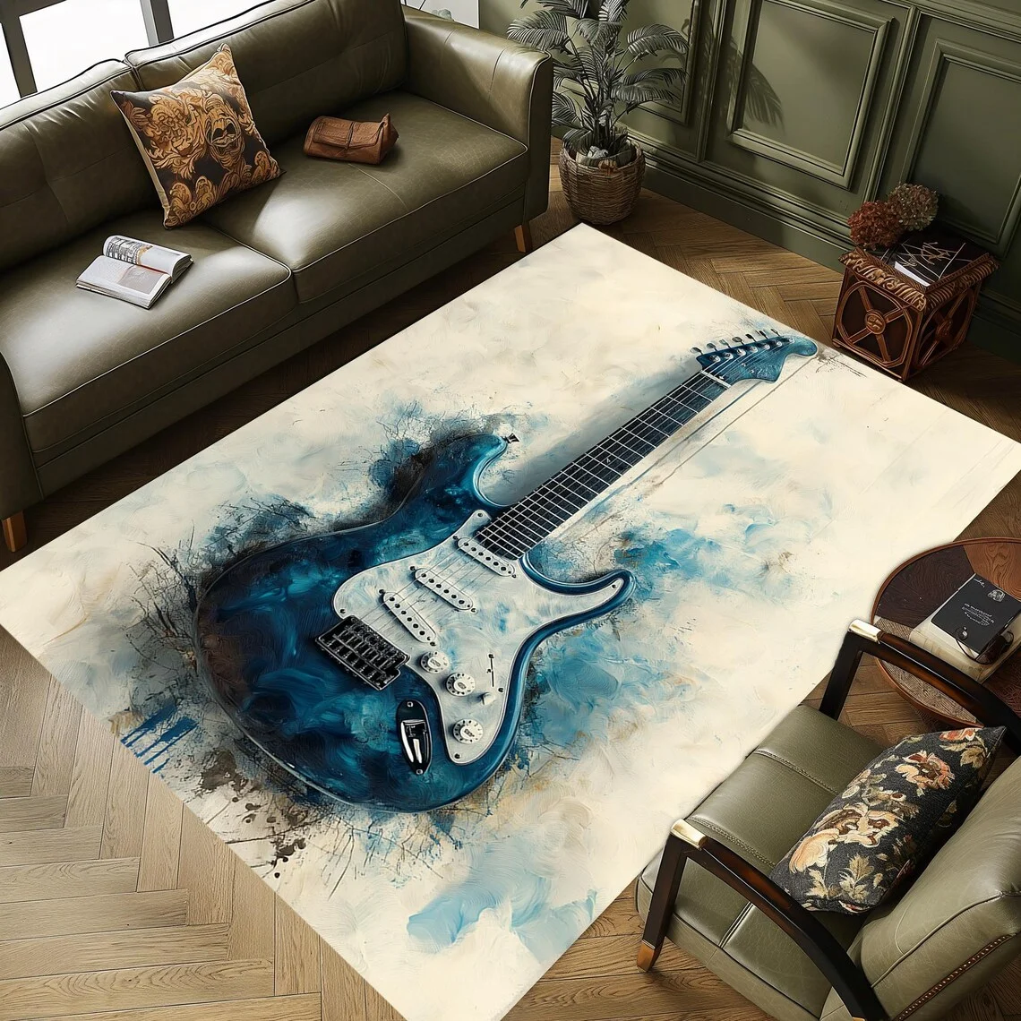 Music Lovers' Retro Guitar Music Theme Style Studio Carpet Living Room Bedroom Home Decor Easy to Care
