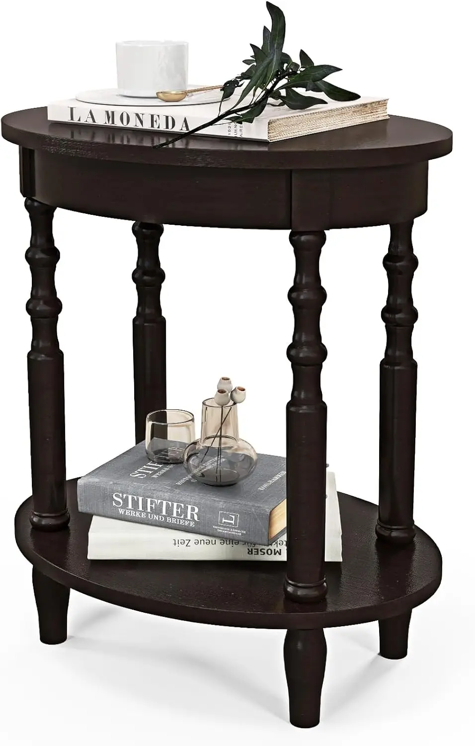 

2-Tier Oval End Table, Sofa Side Table With Storage Shelf, Solid Wood Legs, Modern Accent Table, Compact Nightstand For Living