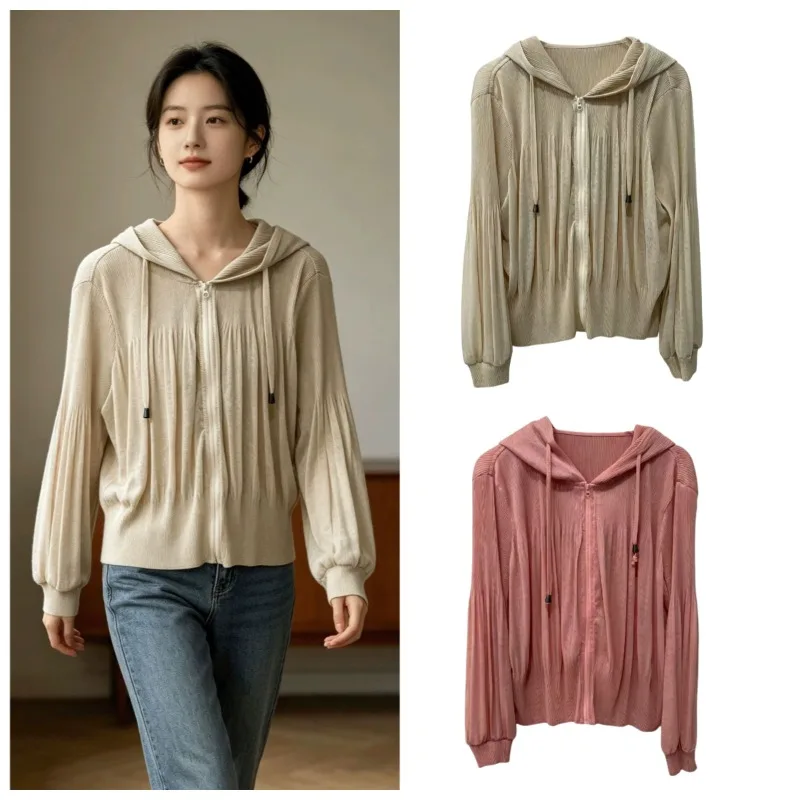 Miyake Pleated Jacket Women 2026 Summer New Design Cardigan Zipper Hood Sun-Protective Loose Lantern Sleeve Short Sweatshirt