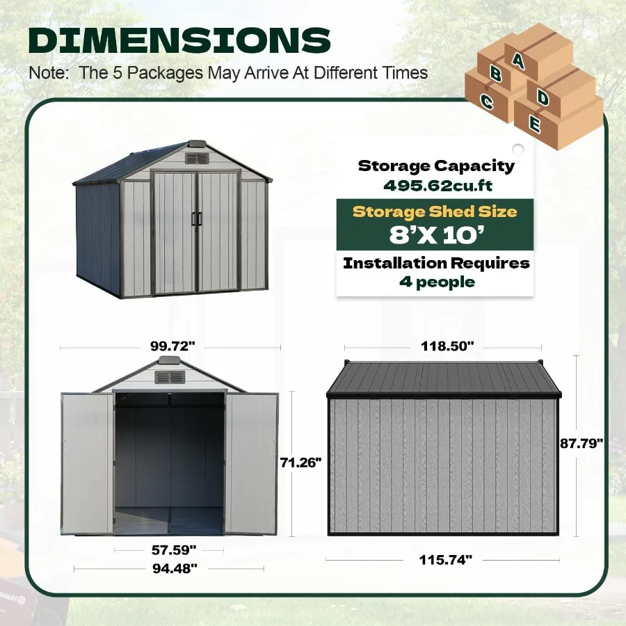 Outdoor storage shed for feet use, resin material, gray color, weather-resistant and includes floor