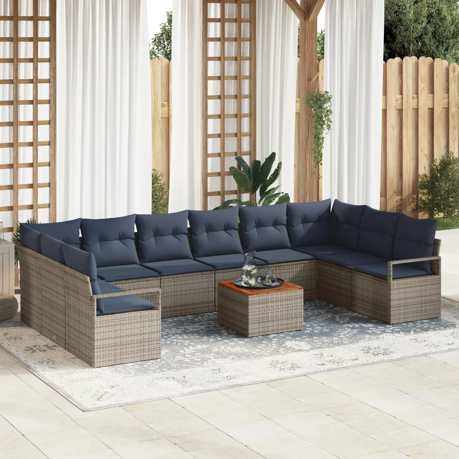 

11 Piece Outdoor Sofa Set Grey Poly Rattan Cushion Furniture Acacia Garden Patio Seating
