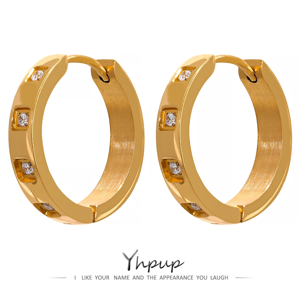 Yhpup Exquisite Cubic Zirconia Luxury Round Hoop Earrings Golden Stainless Steel CZ Jewelry  Fashion Waterproof High Quality