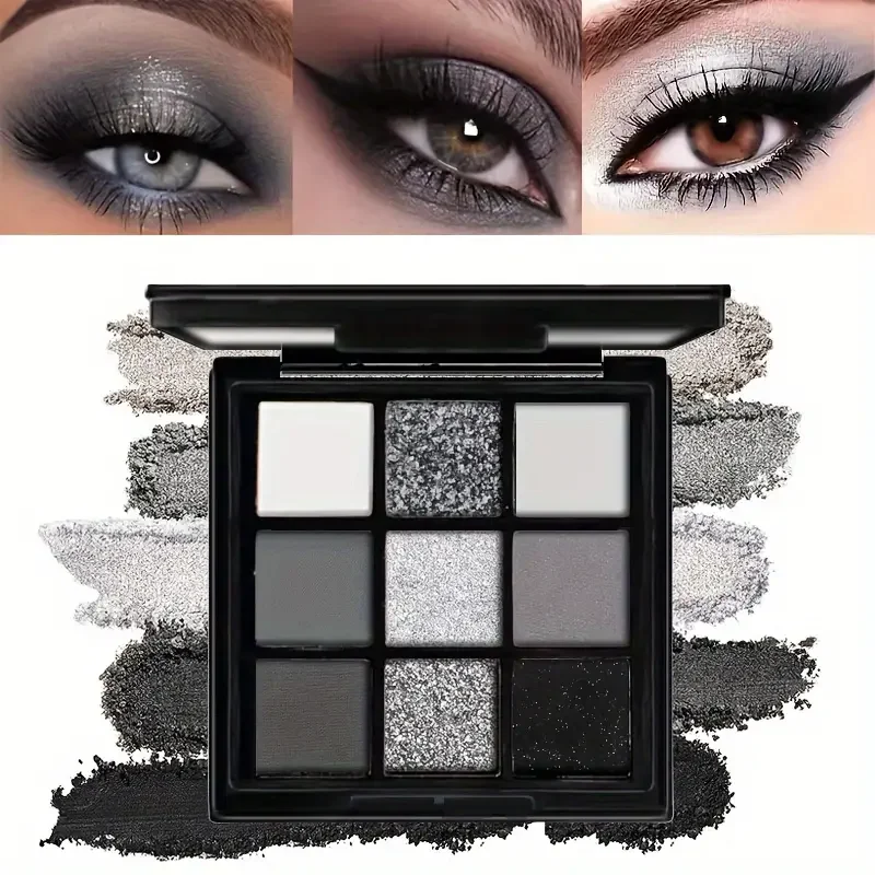 Black smoky eyeshadow palette, 9-color dark grey matte glow, perfect for stage, party and music festival eye makeup