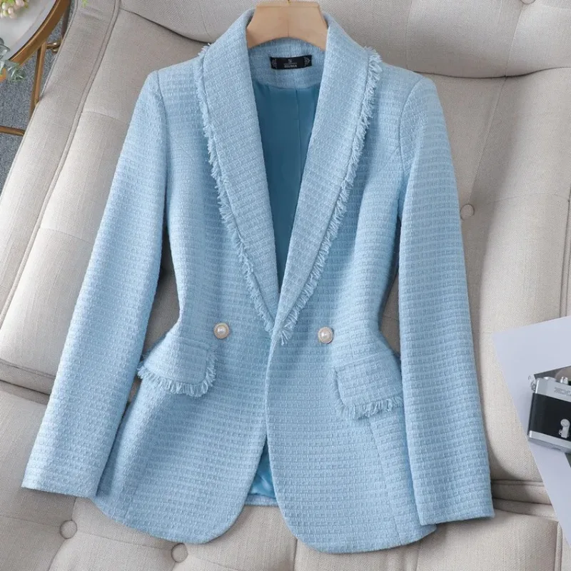 

Женский твидовый Блейзер, элегантный двубортный пиджак небесно-голубого цвета с длинным рукавом для свадьбы, вечеринки или офиса