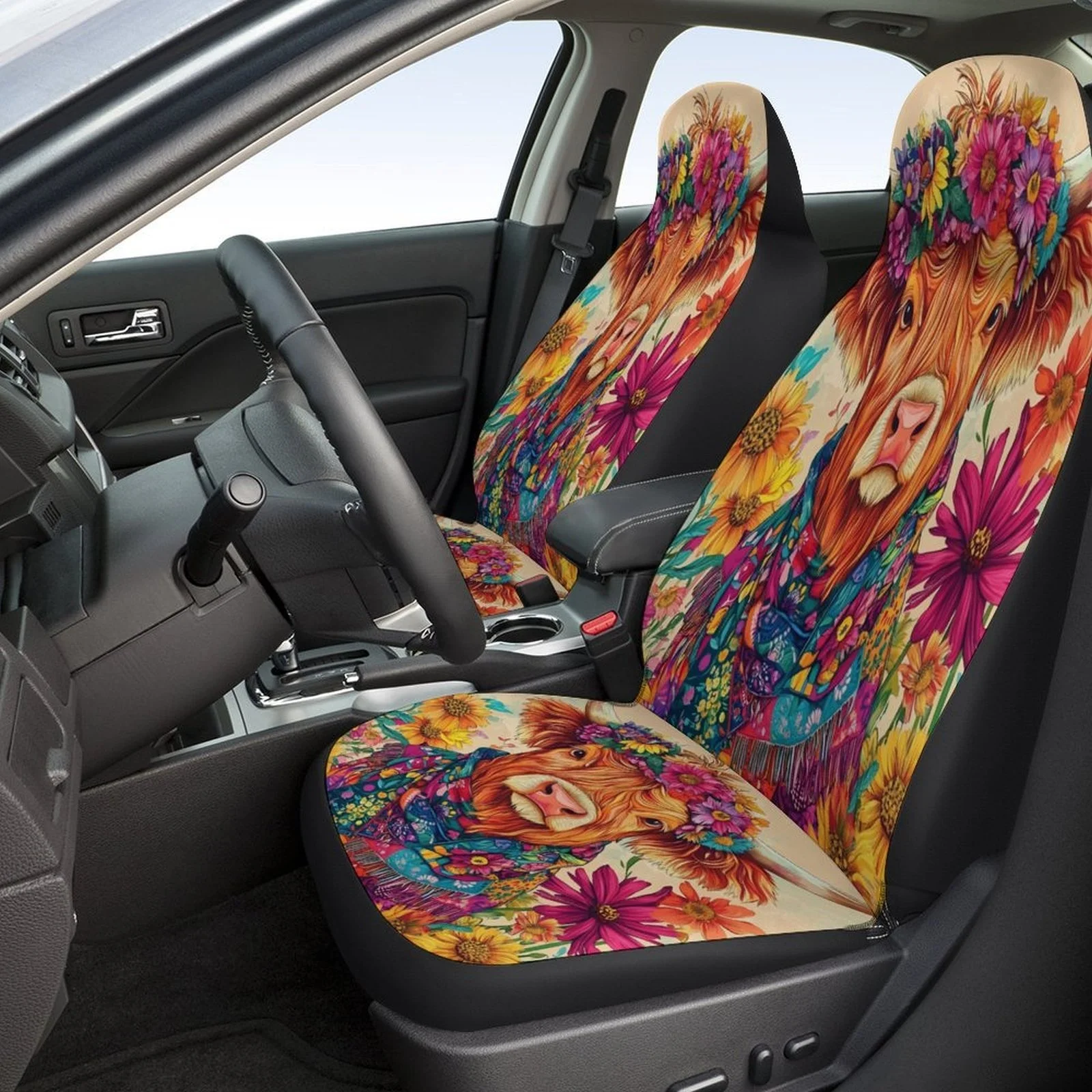 Set Of Car Seat Covers Featuring A Floral Highland Cow Design, Suitable For Various Vehicles. Stylish And Unique, This Complete