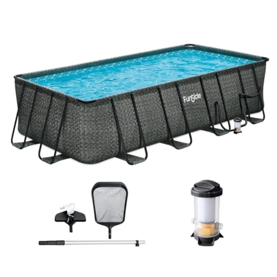 Above ground swimming pool for residential use, steel frame with PVC liner, blue color, includes filter pump, ladder, cover and
