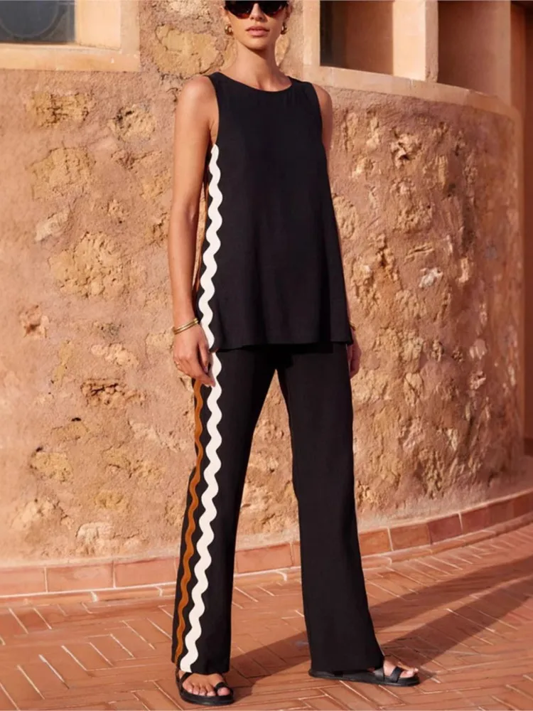 

Summer Simple And Comfortable Casual Trousers Set Elegant And Fashionable Sleeveless Top Straight Pocket Trousers Two-piece Sets
