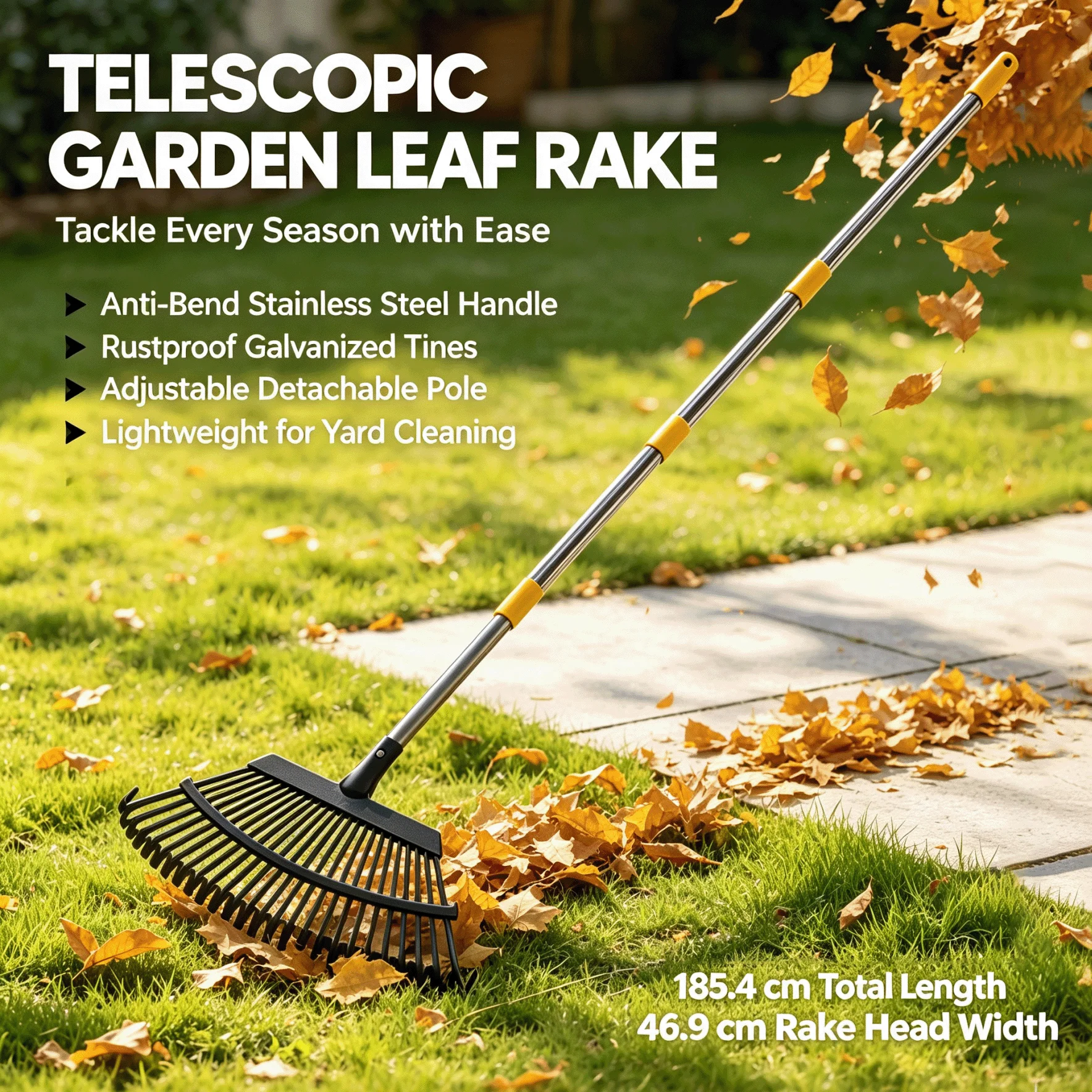 🍂   Gartenlaubrechen, abnehmbarer, verstellbarer Edelstahlgriff, leichter, biegefester Rechen für Rasen, Hof, Garten, Laub, Schmutz und Bodenbelüftung