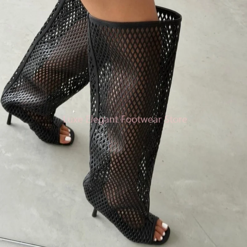 

Black Hollow Mesh Peep Toe Pointed Knee High Boots Women Solid Slip On Thin Heel Long Boots Fashion Trendy Party Catwalk Shoes