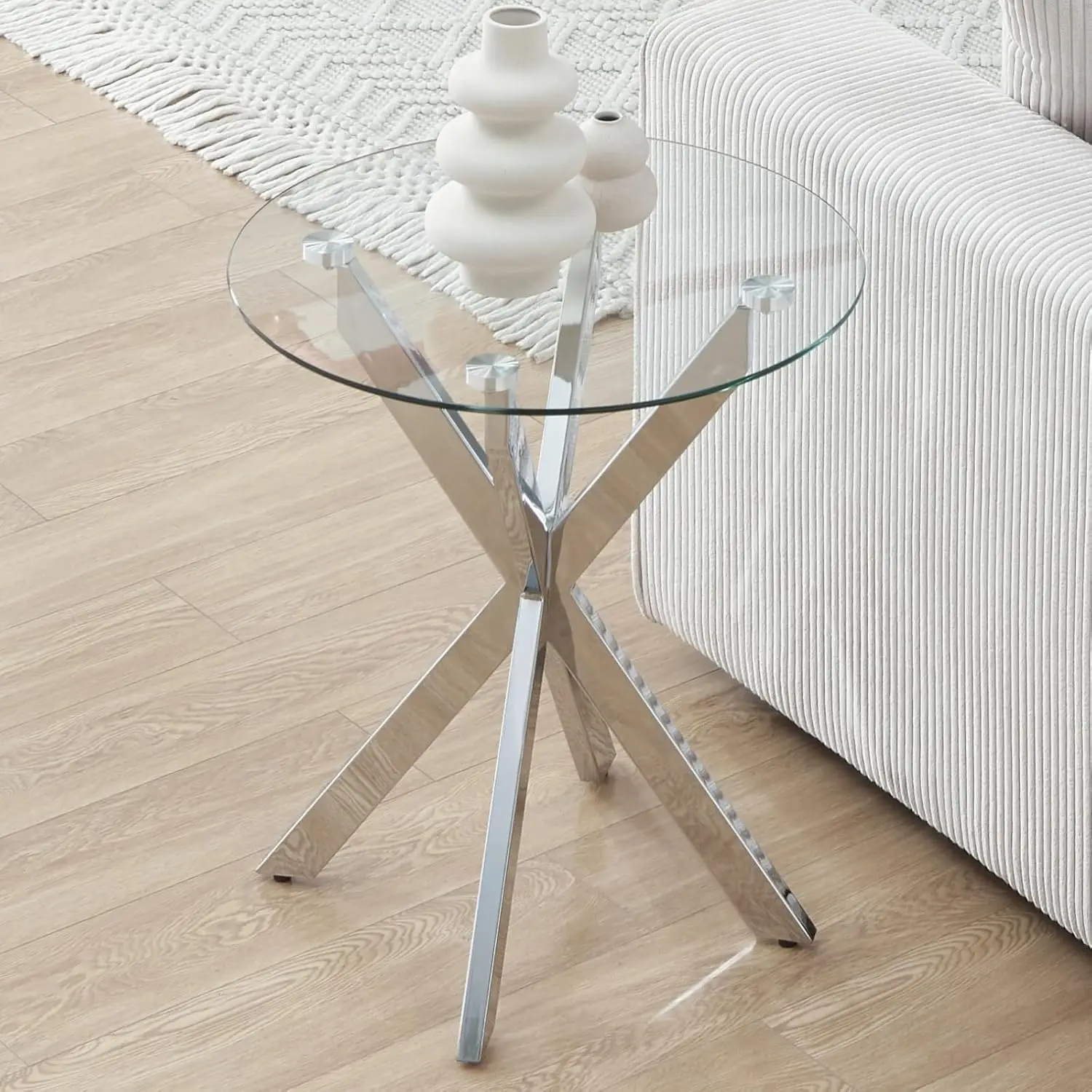 Small Round Side Table for Couch, Sofa Table with Clear Tempered Glass Top for Living Room, Bedroom, 19.7