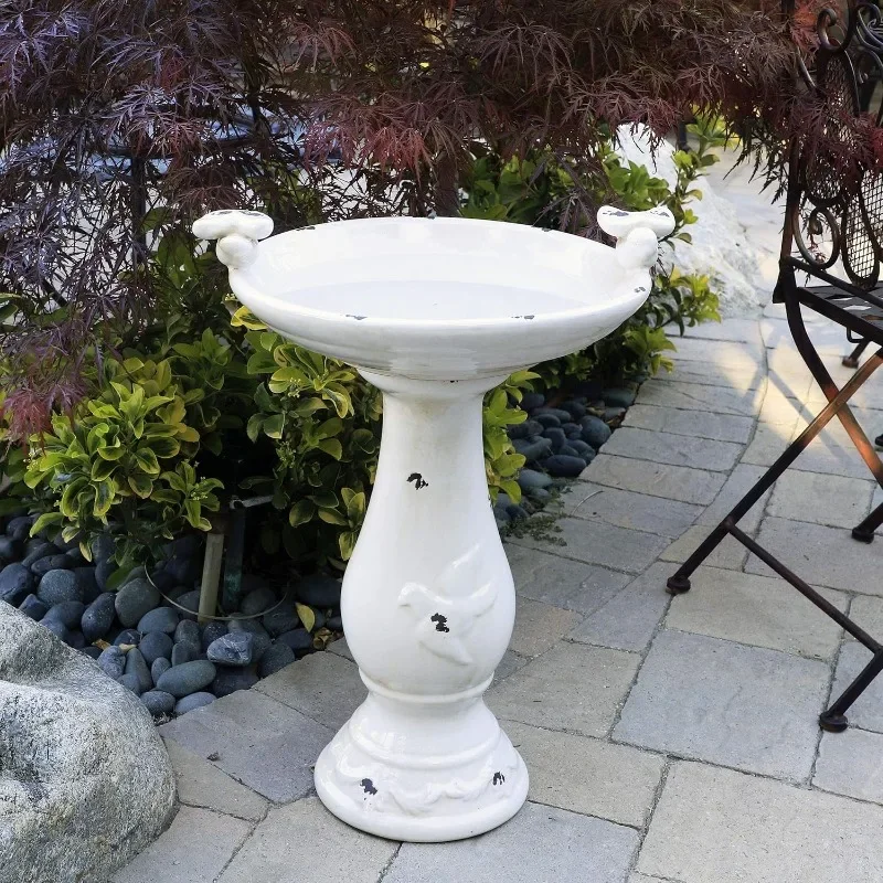 25" Tall Outdoor Antique Ceramic Birdbath with Bird Figurines Yard Statue, Light Brown