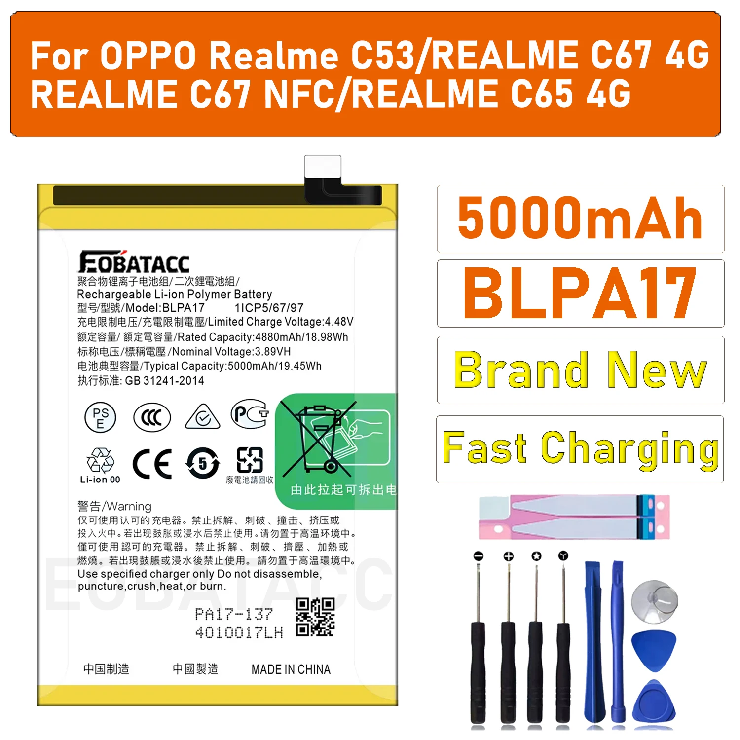 

2026 Years New Replacement Battery BLPA17 5000mAh Battery For OPPO Realme C53 Phone Replacement +Free Tools