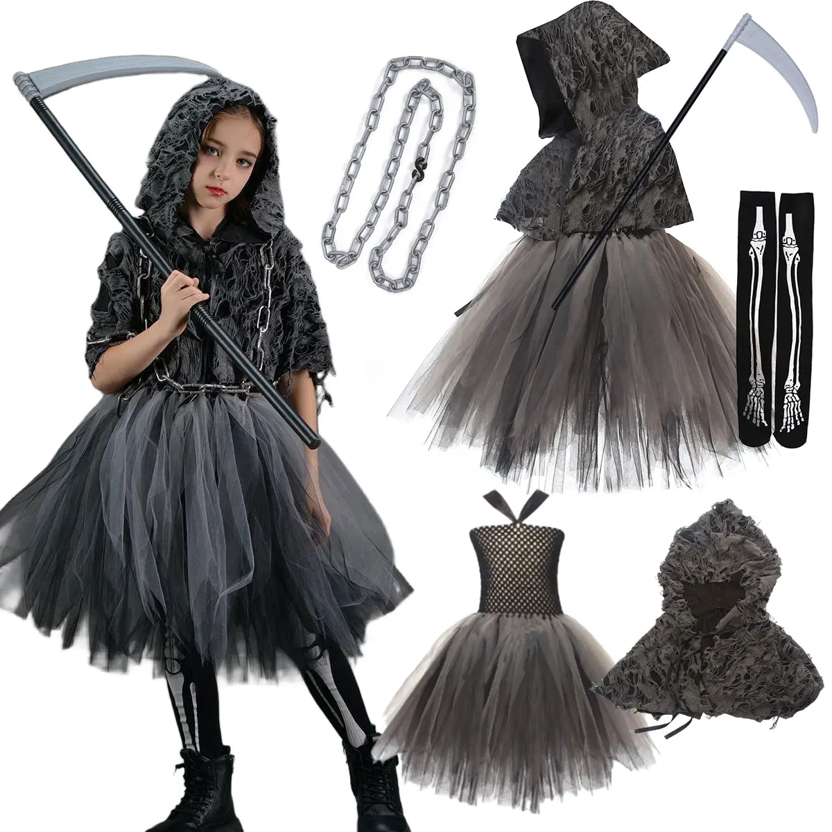 Death Coming Toddler Halloween Costume Grey Hooded Cloak+Tulle Tutu Skirt Kids All Saint's Day Apparel Gothic Villain Dress Up
