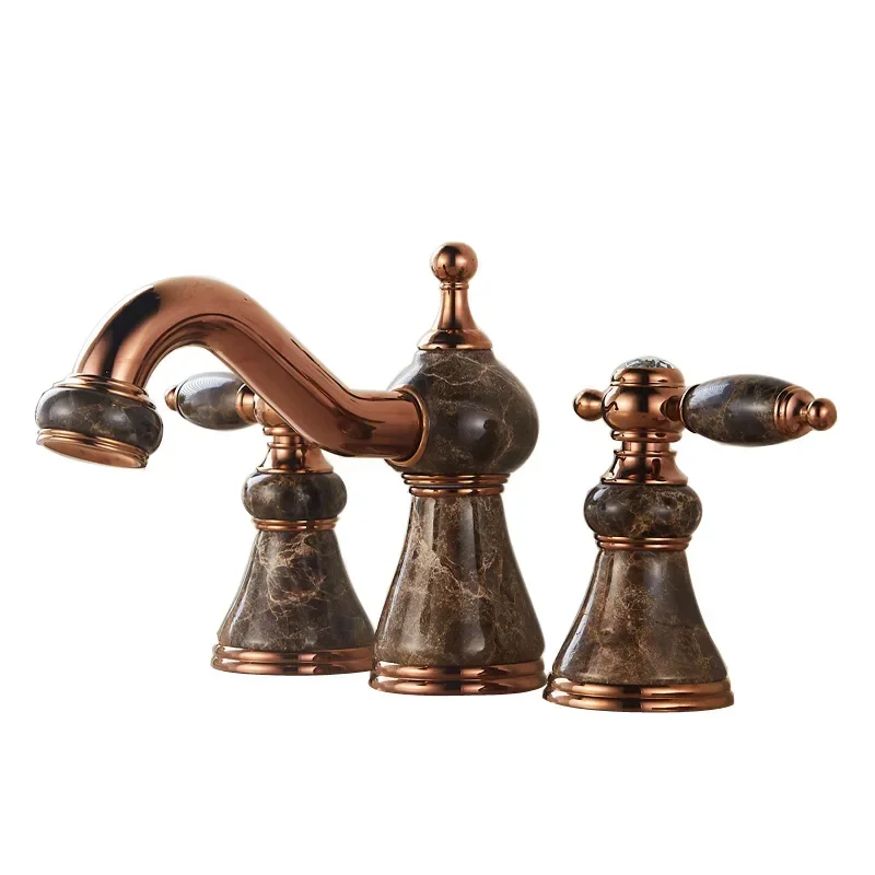 

European all-copper natural jade three-hole hot and cold faucet split marble basin golden rose gold faucet