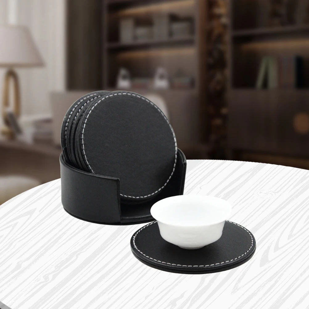 

6Pcs Leather Coaster Set Stylish Cup Pads Water Resistant Table Mats with Holder for Mugs and Glasses Protects Surfaces