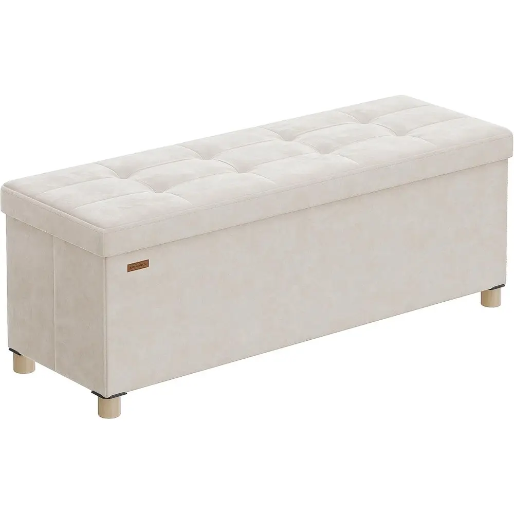 Velvet-Surfaced Storage Ottoman Bench, 15 x 43.3 x 15.7 Inches, for Bedroom, Entryway, Living Room, Puccino Beige