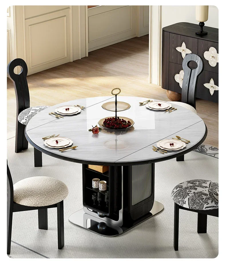Furniture Black French Retro Microcrystalline Stone Exquisite Retractable Round Solid Wood Dining Table Dual Use