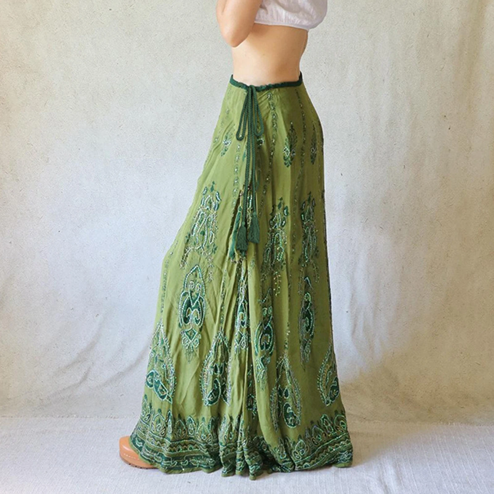 Nowa Moda Damska Letnia Spódnica Trapezowa Boho Kwiatowy Haft Długa Spódnica Na Podróże Plażę Zakupy Gorąca Wyprzedaż S M L