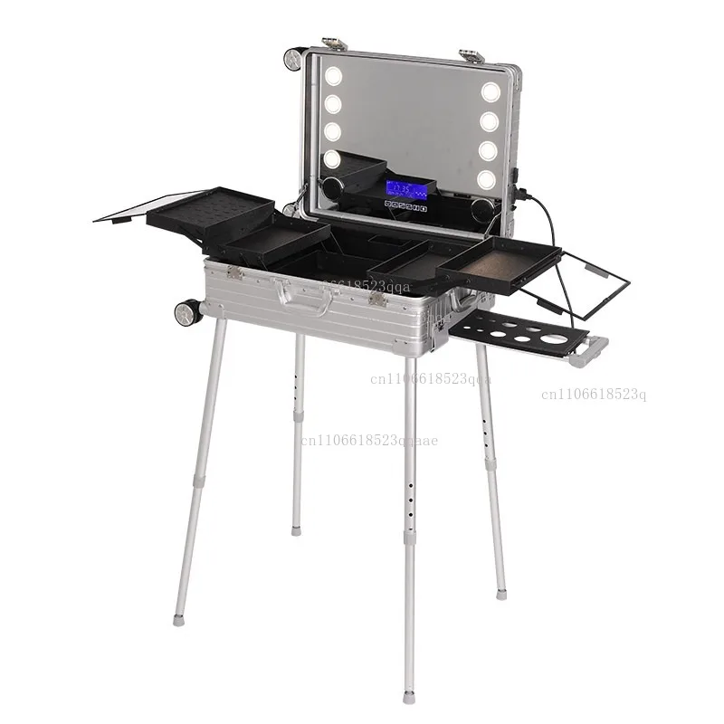 NEW  Trolley Suitcase LED Light Mirror Luggage Aluminum Professional Rolling Cosmetic Case Beauty Makeup Frame Folding Table