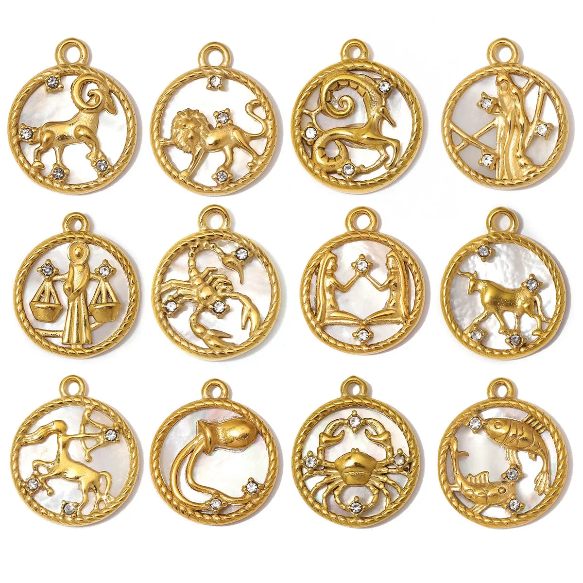 3pcs/Lot Wholesale Stainless Steel Zodiac DIY Charms Rhinestone Shell Aries Cancer Necklace Pendants Woman Special Gift Jewelry