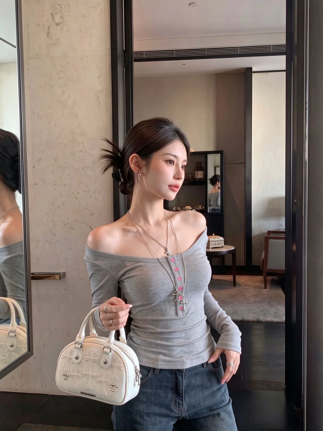 Pink Henry Collar Long Sleeve T-Shirt Women's Autumn Slim Fit Base Shirt Casual Style U-Neckline Button Closure Regular Length
