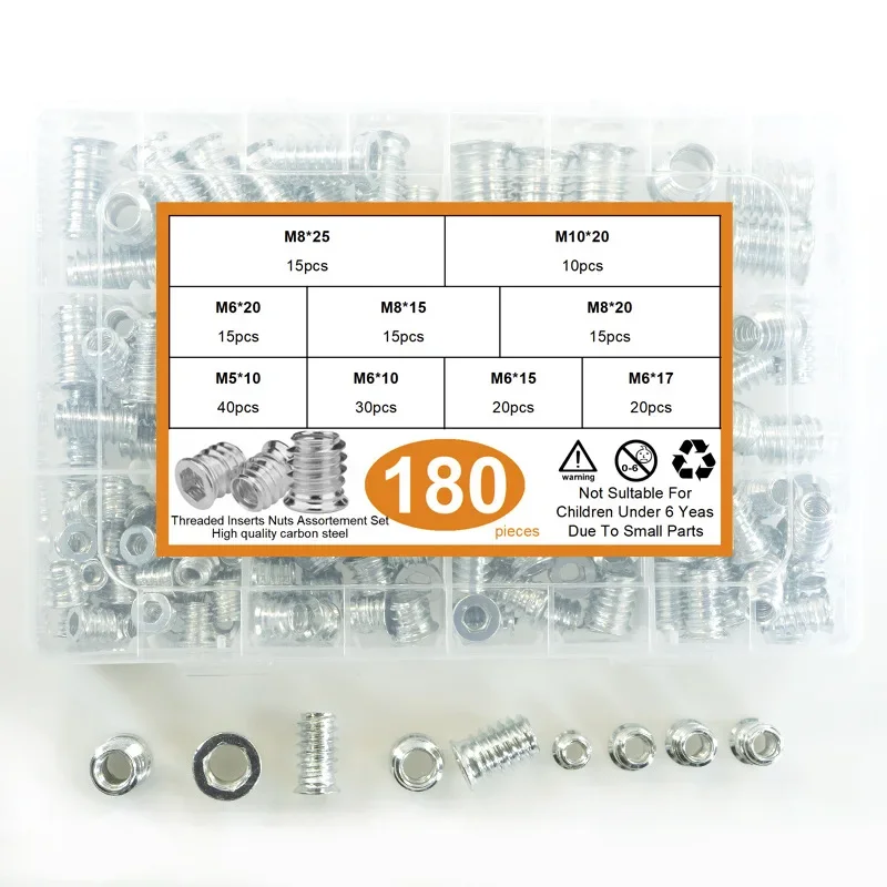 180pcs M5 M6 M8 M10 Zinc Plated Carbon steel Thread For Wood Insert Nut Flanged Hex Drive Head Furniture Countersunk Nuts