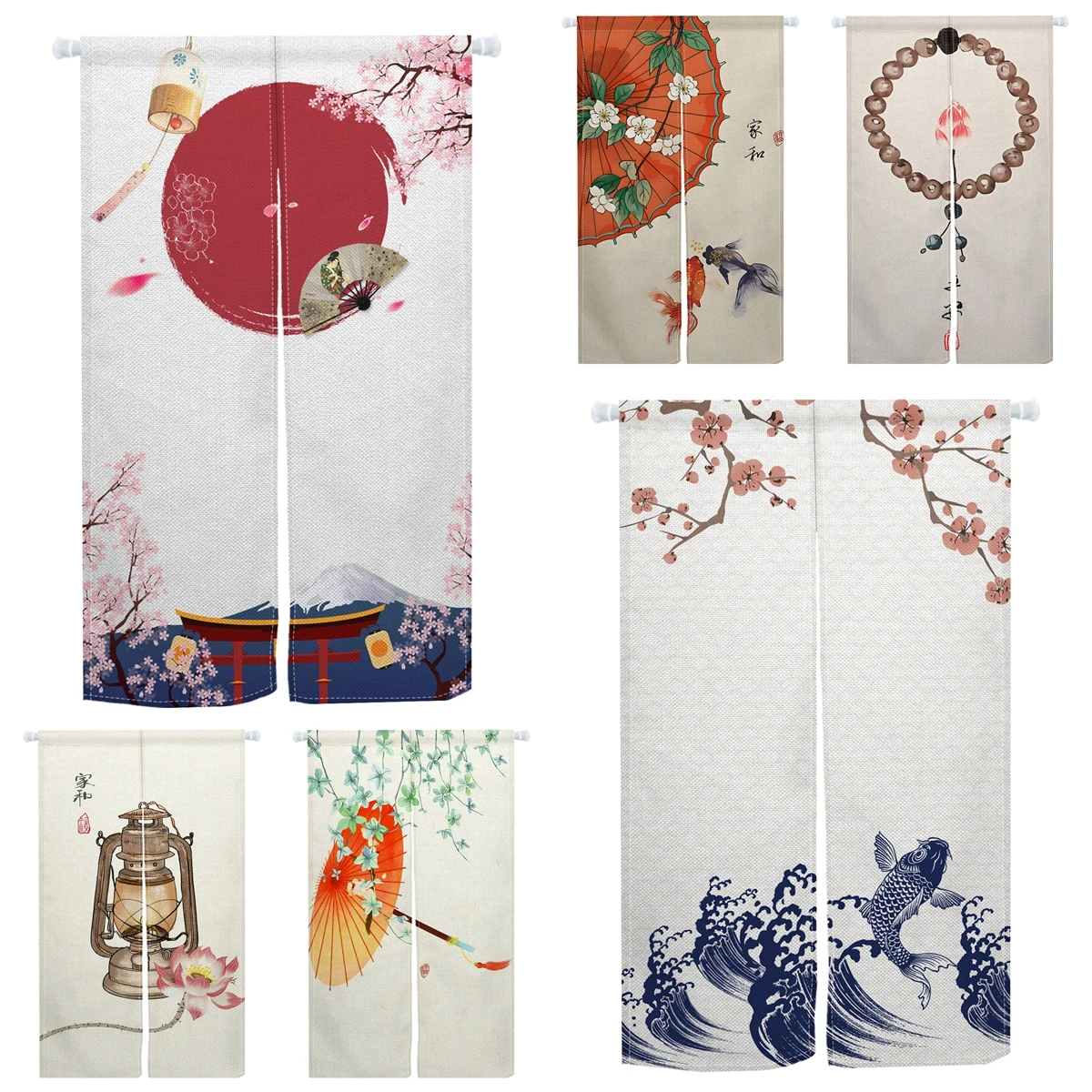 Japanese Door Curtain Cherry Blossom Mount Fuji Lantern Koi Fish Design Home Partition Screen for Bedroom Restaurant  Zen Decor
