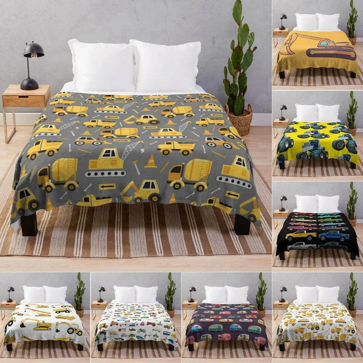 Cartoon Truck Flannel Construction Soft Cozy Travel Throw Blanket for Baby Kids Youth, Cars Buses Bed