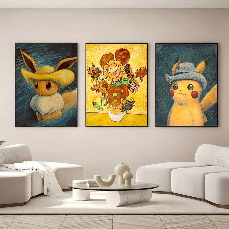 

3Pcs Pokemon Poster Pikachu Eevee Canvas Painting Van Gogh Sunflowers Wall Art Wall Bedroom Living Room Home Decor Unframed