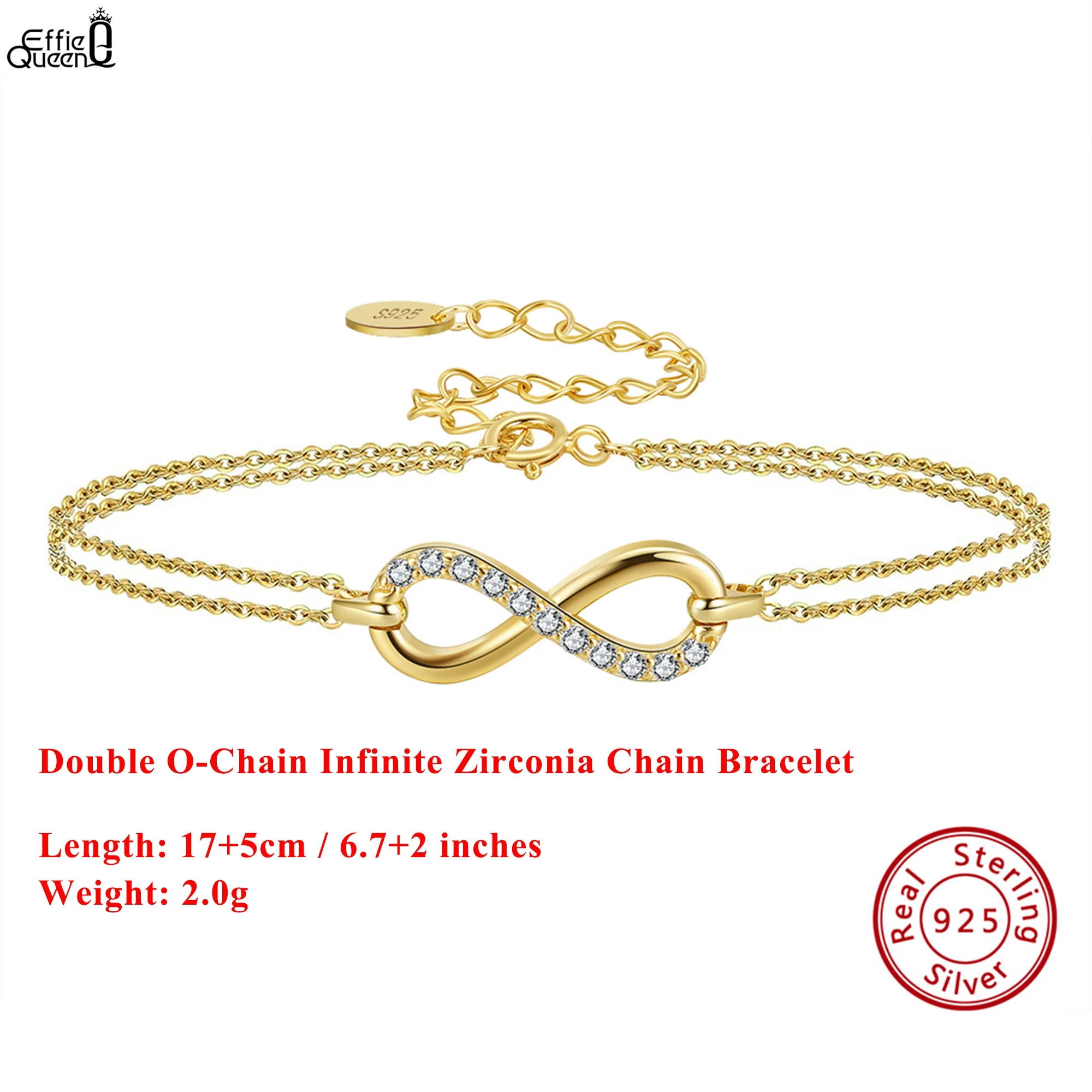 

EFFIE QUEEN 100% S925 Silver 14k Gold Infinite Chain Bracelet Layered and Zirconia Hand Chain Exquisite Jewelry for Women SB136