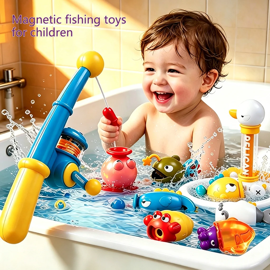 11 PCS Kids Magnetic Fishing Bath Toy Floating Water Spray Toddler Suitable Bathtub Birthday Gift for 3 Year Children