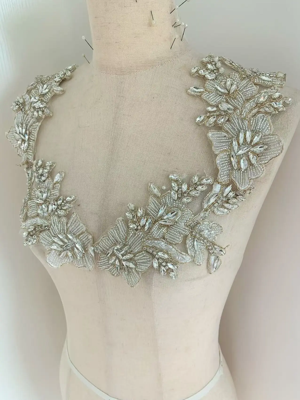 

Silver Rhinestone Applique Handcrafted Rhinestone Bodice Patch With 3d Flowers Heavy Bead Applique For Couture Dance Costume