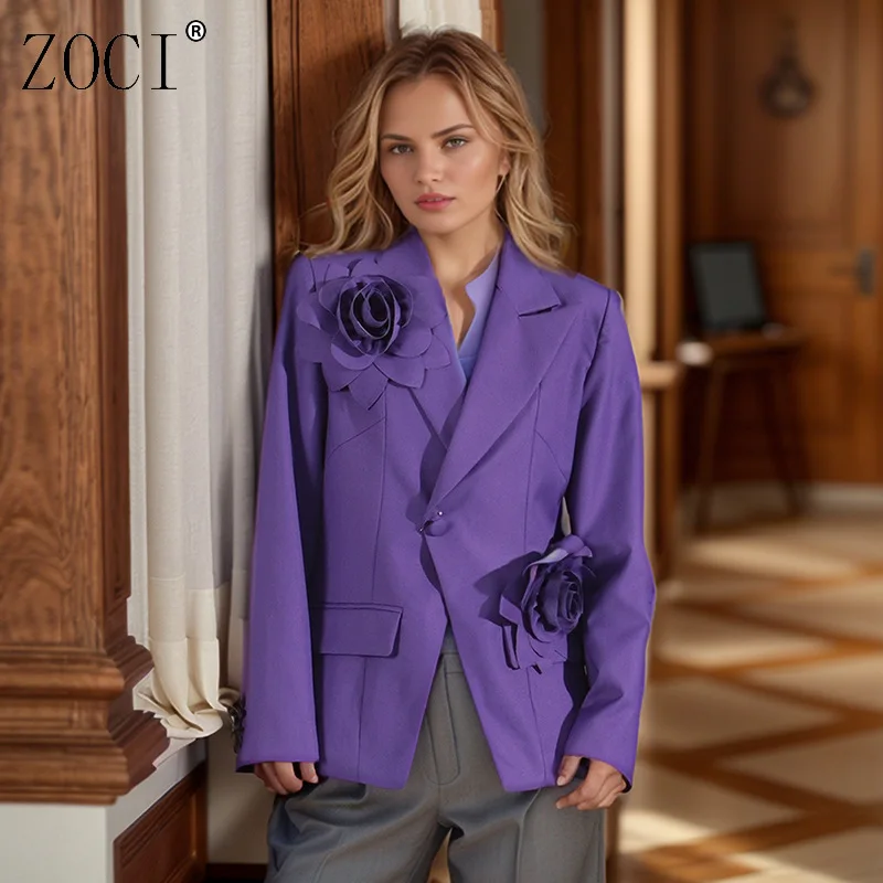 

ZOCI Fashion Women's Blazer 3D Flower Single Button Elegant Office Lady Female Suit Coats Waist Cinched Hem Slit 2025 Spring New