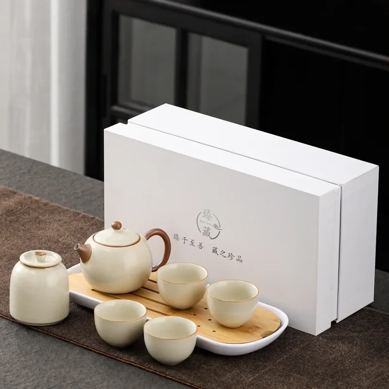 Ru Kiln Open Piece Tea Set Wholesale Ceramic Hand-catch Pot Tea Cup Storage Gift Box for Customers Chinese Gongfu Teaware Cups