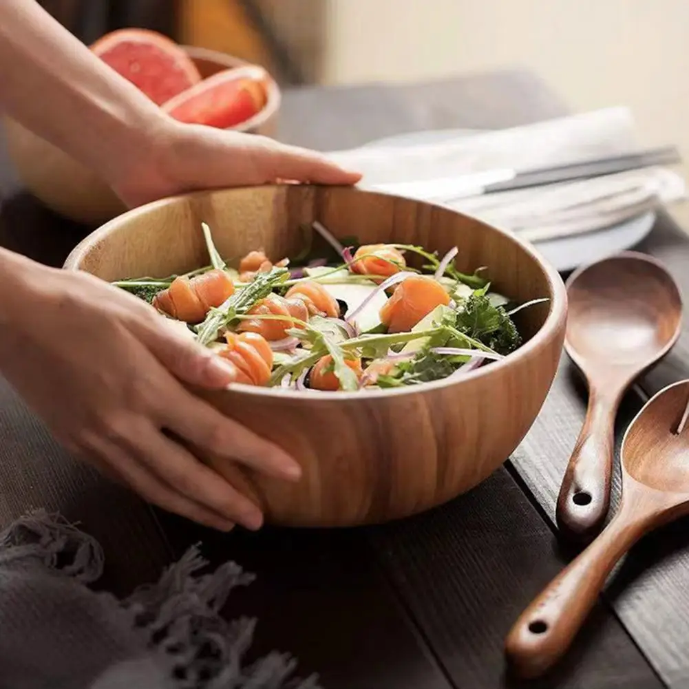 

3Pcs/Set Salad Bowl Burr Free Easy to Clean Wooden Noodles Container with Spoon Fork Cutlery Daily Use