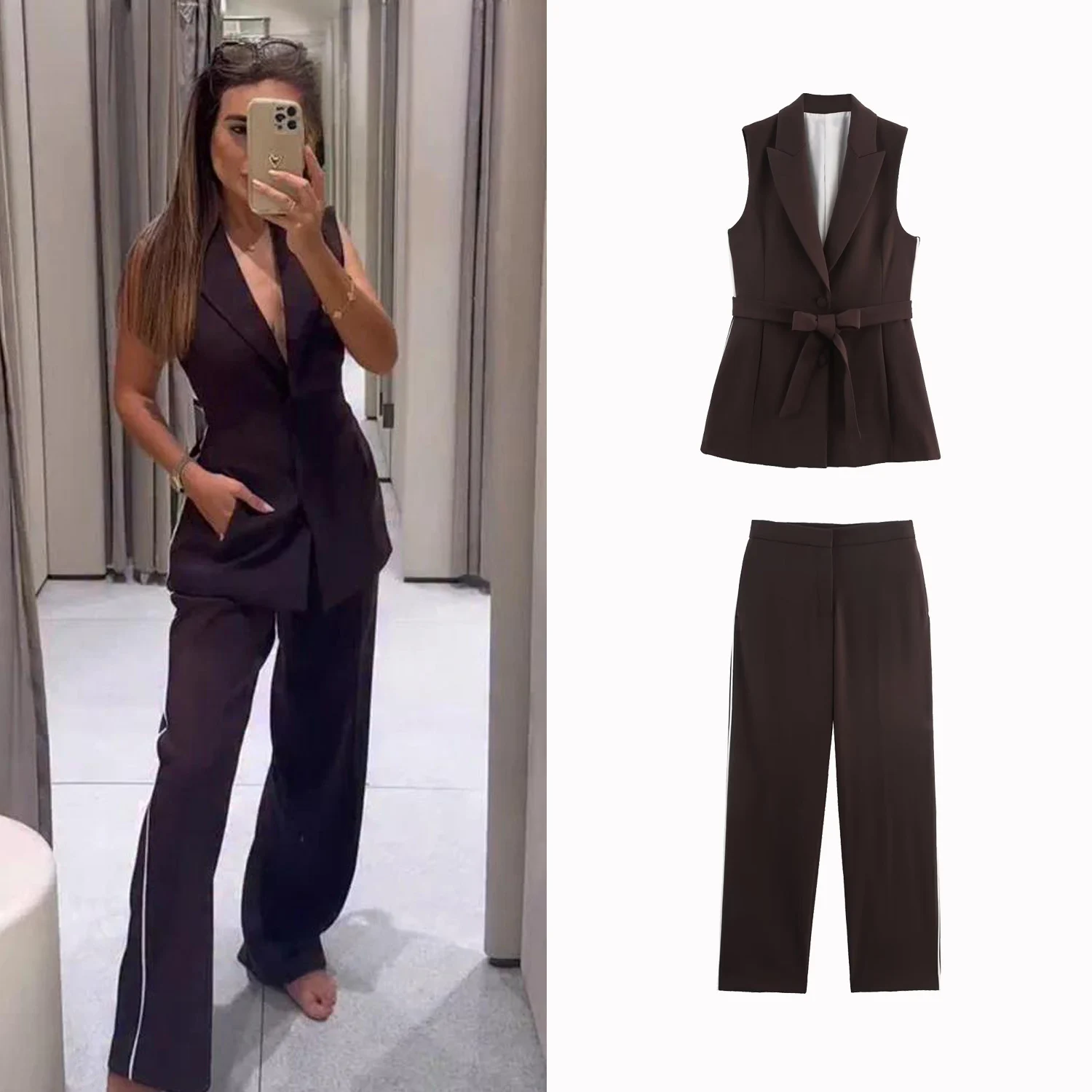 

Women's Straight-Leg Pant Suits Woman Slim Sleeveless Vest With Belts Or High-Waisted Long Pant Chic Ins Female Set