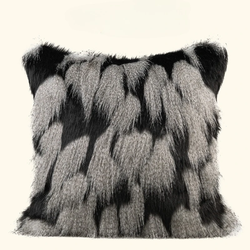Luxurious Long Plush Cushion Cover in Black and Gray Faux Feather Pillowcase Modern High-end Home Decoration Pillow Cover