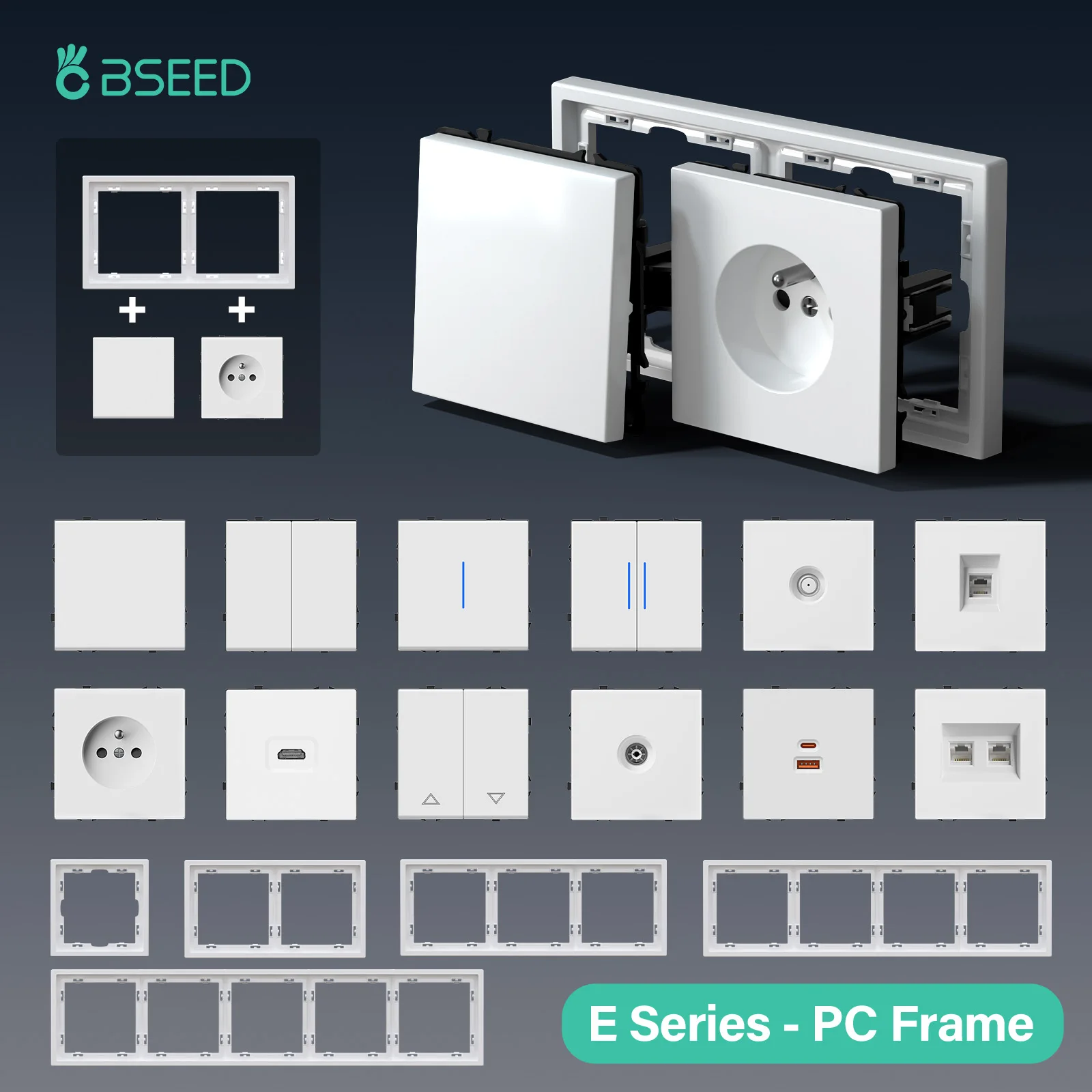 BSEED 1/2-Gang Mechanische Lichtschalter EU-Steckdosen USB-Typ-C-Anschlüsse TV/ST/CAT6 Dimmer DIY-Funktionsteile Kunststoffrahmen