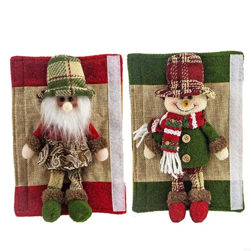 Christmas Refrigerator Handle Covers, Santa and Snow Figure Set of 2 in Soft Fabric for a Holiday Kitchen Appliance B03E