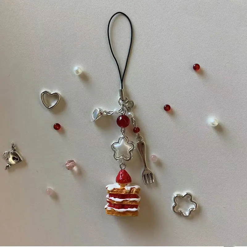 

Cute strawberry mousse cake with phone charm food keychain, strawberry cake with phone charm food keychain