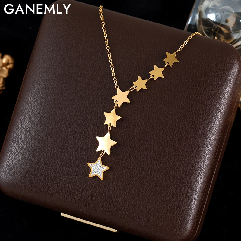 GANEMLY 316L Stainless Steel Pentagram Star Pendant Necklace For Women Stylish Dangle Neck Chain Jewelry Waterproof Party Gift