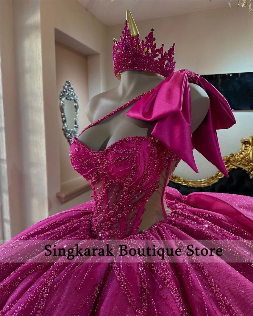 Princess Hot Pink Quinceanera Dresses With Bow Bead Crystals Tiered Ruffles 15th Birthday Party Dress Ball Gown Customized