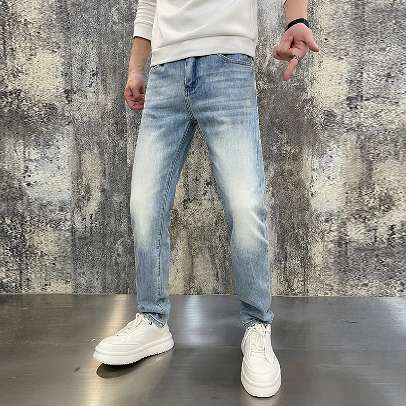 High-end Korean version of the light luxury men\'s jeans stretch Slim autumn and winter retro light blue men\'s models trousers me