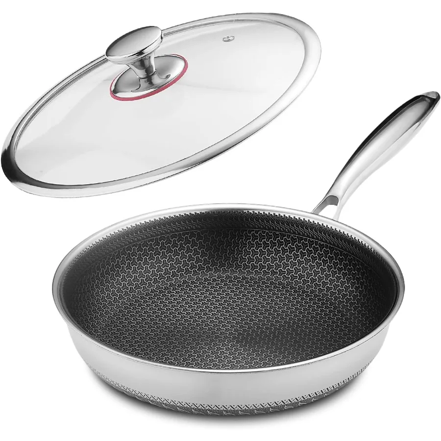 

10 Inch Non Stick Frying Pan with Lid for Healthy Cooking Induction Compatible Stainless Steel Skillet Cookware Set Safe and No