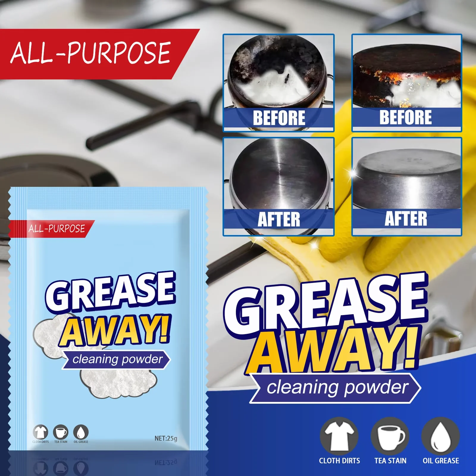 Grease Away Powder Stainless Steel Cleaner Multi-functional Purpose Stain Remover Pot Pan Degreaser All Purpose Cleaning Powder