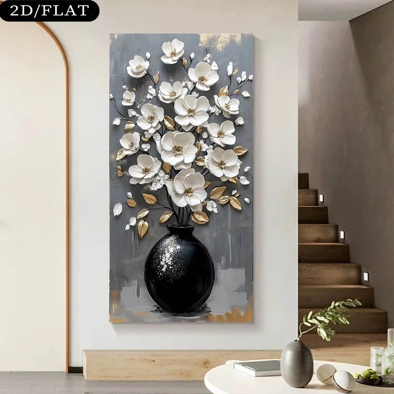 White Flowers in Black Vase Painting Posters Frameless Modern Canvas Prints Wall Art Pictures for Living Room Bedroom Home Decor